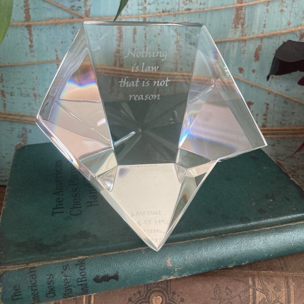 VTG Diamond Prism Paperweight Signed Stueben Nothing Is Law That Is Not Reason